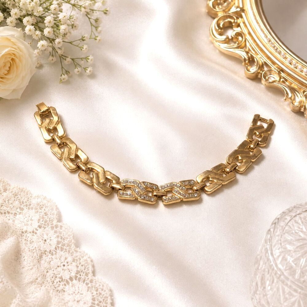 Vintage Chunky Gold Tone Clear Rhinestone Link Bracelet 7.5"